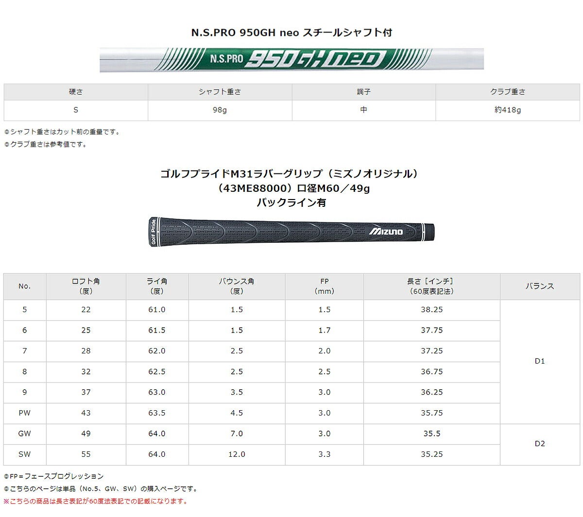 ミズノメンズアイアン単品（＃5、GW、SW）JPXS40NSPRO950GHneoスチールシャフト【26SS】