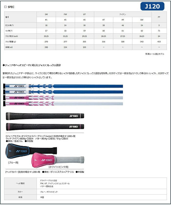 【2016年モデル】【J135】YONEX-ヨネックス-ジュニアクラブセット7本セット(DR,FW,UT,I#7,I#9,SW,PT)＋キャディバッグ【クラブセット】