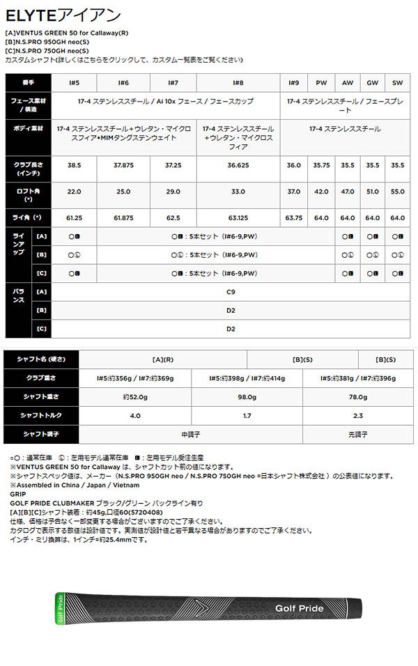 キャロウェイゴルフメンズELYTEエリートアイアン5本組(6-9、PW)VENTUSGREEN50forCallawayカーボンシャフトCallawayGolf【25】