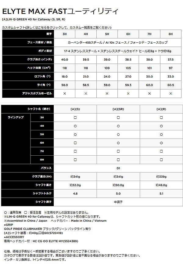 【メーカーカスタム】キャロウェイゴルフメンズELYTEMAXFASTエリートマックスファストユーティリティーLIN-QGREEN40forCallawayカーボンシャフトCallawayGolf【25】