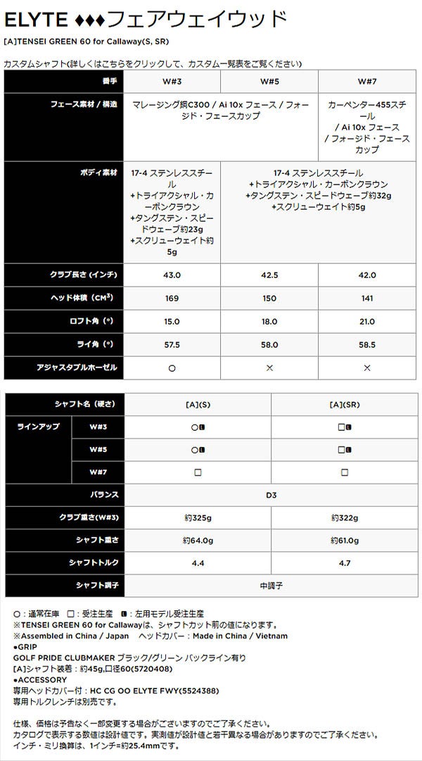 キャロウェイゴルフメンズELYTEエリートトリプルダイヤモンドフェアウェイウッドTENSEIGREEN60forCallawayカーボンシャフトCallawayGolf【25】
