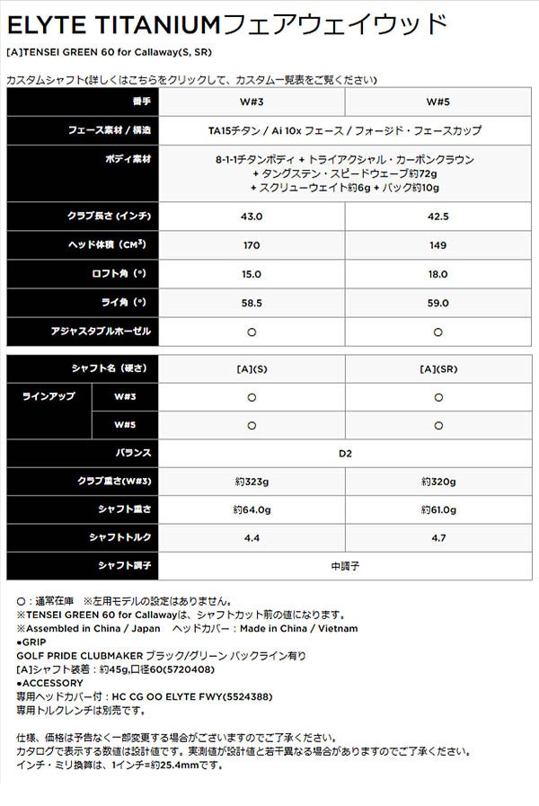 キャロウェイゴルフメンズELYTETITANIUMエリートTiフェアウェイウッドTENSEIGREEN60forCallawayカーボンシャフトCallawayGolf【25】
