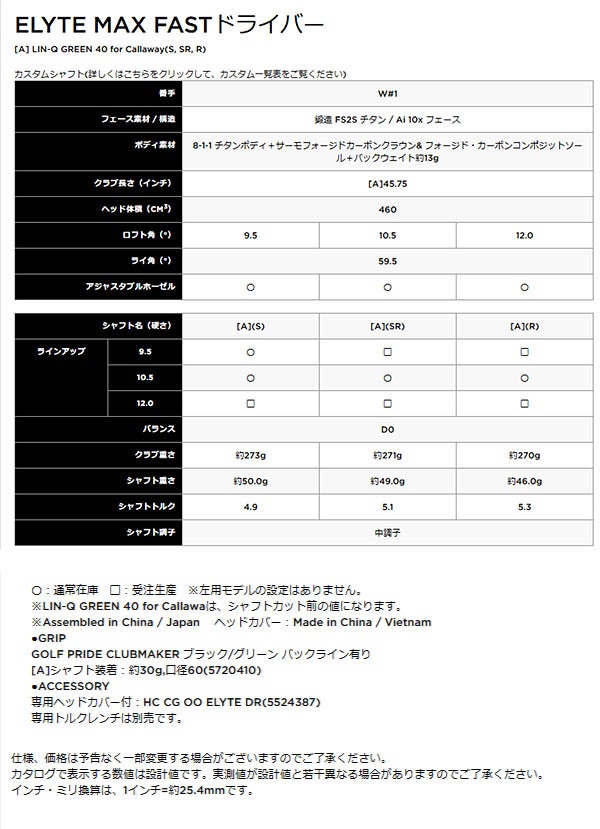 キャロウェイゴルフメンズELYTEMAXFASTエリートマックスファストドライバーLIN-QGREEN40forCallawayカーボンシャフト【25】