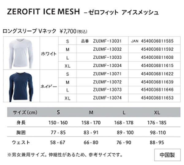 イオンスポーツ2025年春夏モデルユニセックスゼロフィットICEMESHアイスメッシュVネック長袖アンダーウェアZUIMF-13【25】