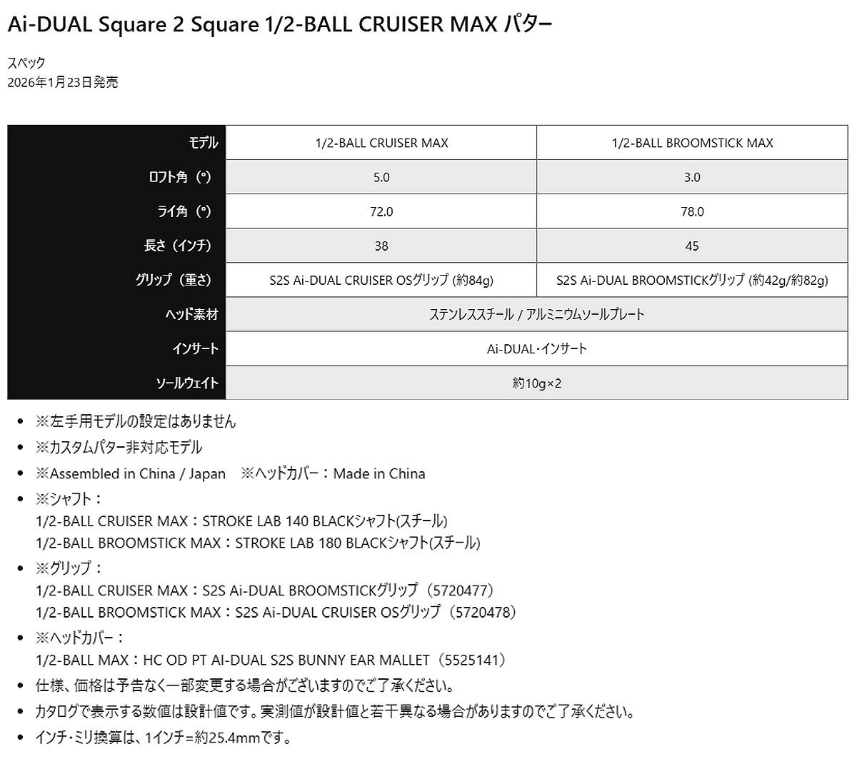【数量限定】オデッセイメンズAi-DUALSquare2Square1/2-BALLMAXCRUISERパターSTROKELAB140BLACKスチールシャフトS2SAi-DUALCRUISEROSグリップ【26SS】