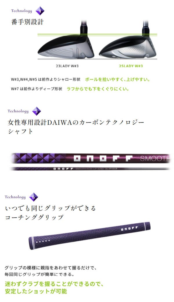 【標準カラー：パープル】オノフレディースフェアウェイウッドSMOOTHKICKLP-425Fカーボンシャフトバッチカラー：パープルウェイトカラー：パープルONOFF【25】