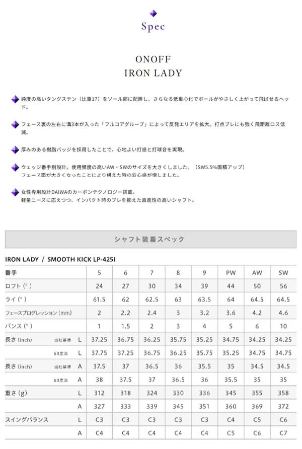 【標準カラー：パープル】オノフレディースアイアン単品SMOOTHKICKLP-425Iカーボンシャフトバッチカラー：パープルウェイトカラー：パープルONOFF【25】