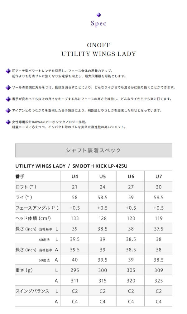 【メーカーカスタム】【カスタムカラー：ホワイト】オノフレディースユーティリティーSMOOTHKICKLP-425Uカーボンシャフトバッチカラー：パープルウェイトカラー：パープルONOFF【25】
