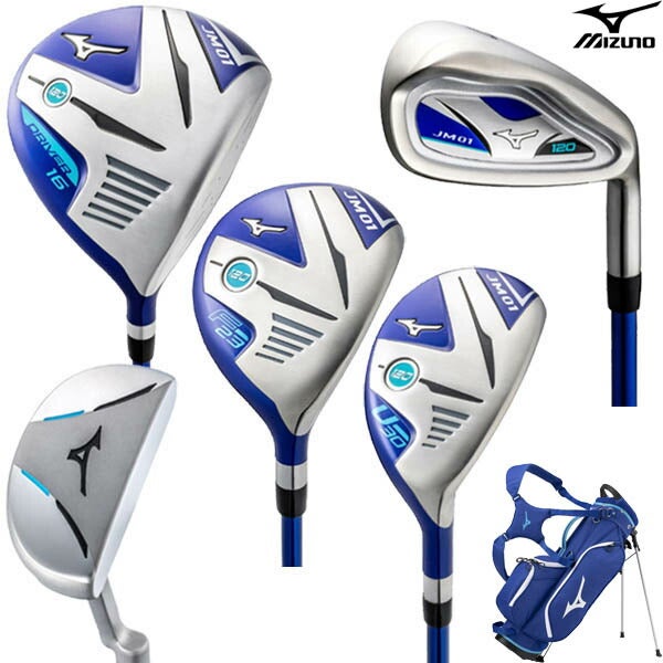ミズノジュニアJM01120タイプゴルフクラブ9本組(W1、FW5、UT5、I7-9、PW、SW、PT）EXSARforJRカーボンシャフトキャディーバッグ付【25】