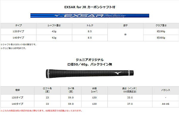 ミズノジュニアJM01140タイプゴルフクラブ9本組(W1、FW5、UT5、I7-9、PW、SW、PT）EXSARforJRカーボンシャフトキャディーバッグ付【25】