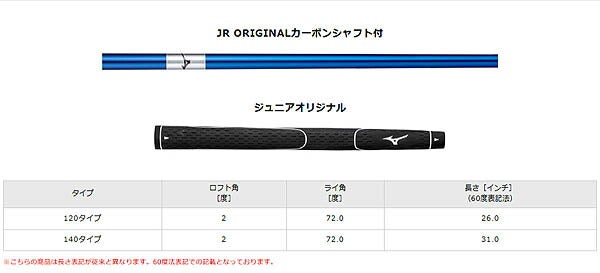 ミズノジュニアJM01140タイプゴルフクラブ4本組(W1、I7、SW、PT）EXSARforJRカーボンシャフトキャディーバッグ付属【25】