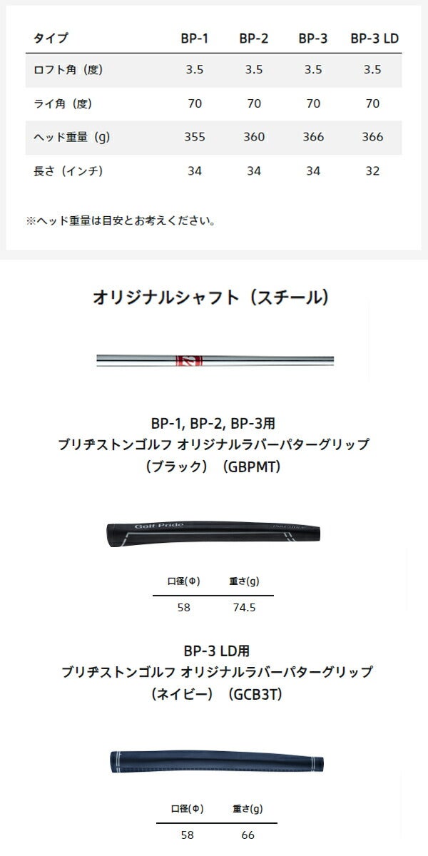ブリヂストンゴルフメンズパターオリジナルスチールシャフトストレートブリヂストンゴルフオリジナルラバーパターグリップ（ブラック）BP-2【24】