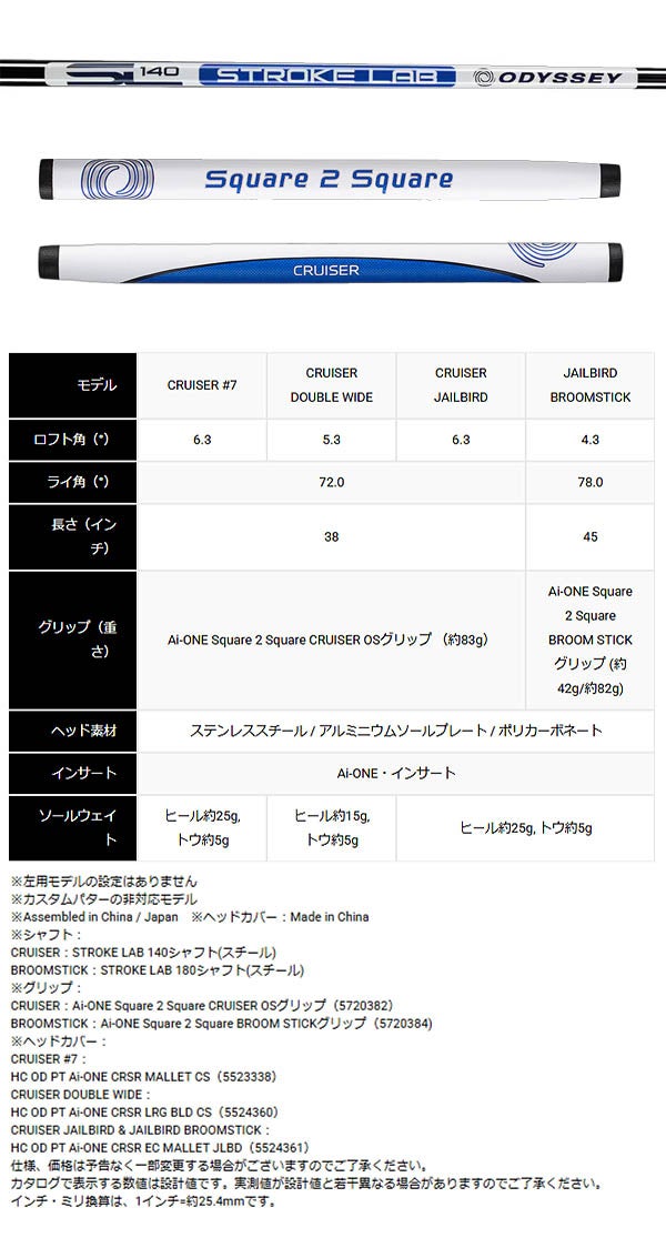 オデッセイメンズSquare2SquareCRUISERスクエアトゥスクエアクルーザーパターSTROKELAB140スチールシャフトAiONESquare2SquareCRUISEROSグリップ(5720382)ODYSSEYパター【25】