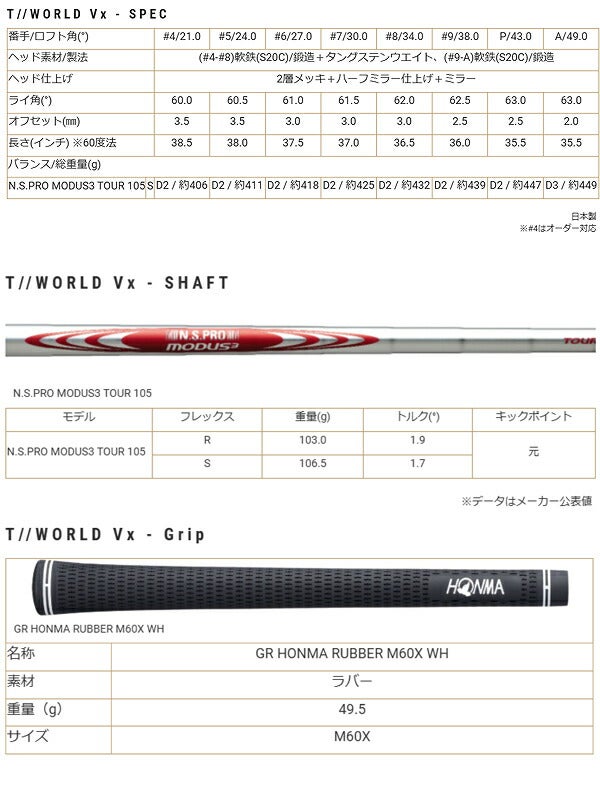 本間ゴルフメンズTW767TW-VXアイアン単品（＃4、5、A）NSPROMODUS3TOUR105スチールシャフト日本正規品ホンマゴルフ【24】