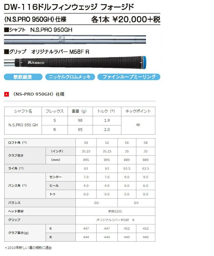 【2016年モデル】【DW-116】KASCO-キャスコ-DOLPHINWEDGEFORGEDドルフィンウェッジフォージドストレートネック（メンズ）【N.S.PRO950GHスチールシャフト】|・ゴルフパワーゴルフ