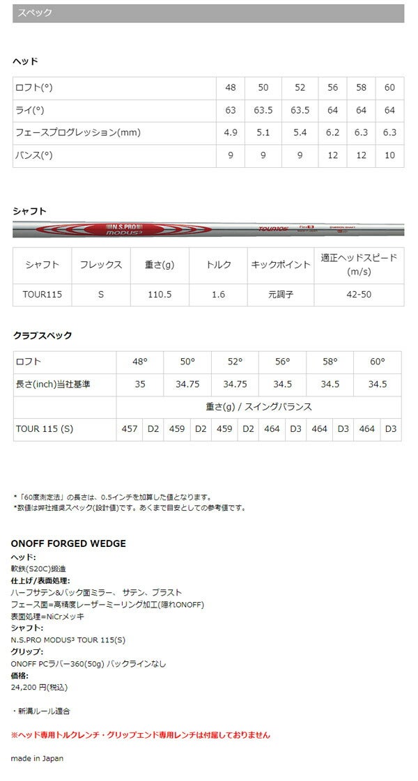 オノフメンズONOFFフォージドウェッジNSPROMODUS3TOUR115スチールシャフト【24】