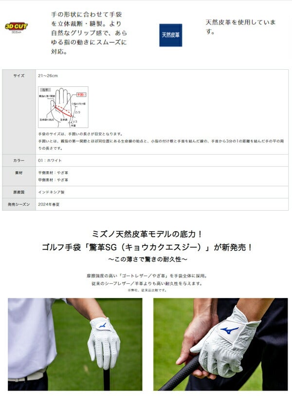 24SSミズノメンズ24驚革SGゴルフグローブ左手用5MJML405左手装着用MIZUNO驚革SG(キョウカク)【24】