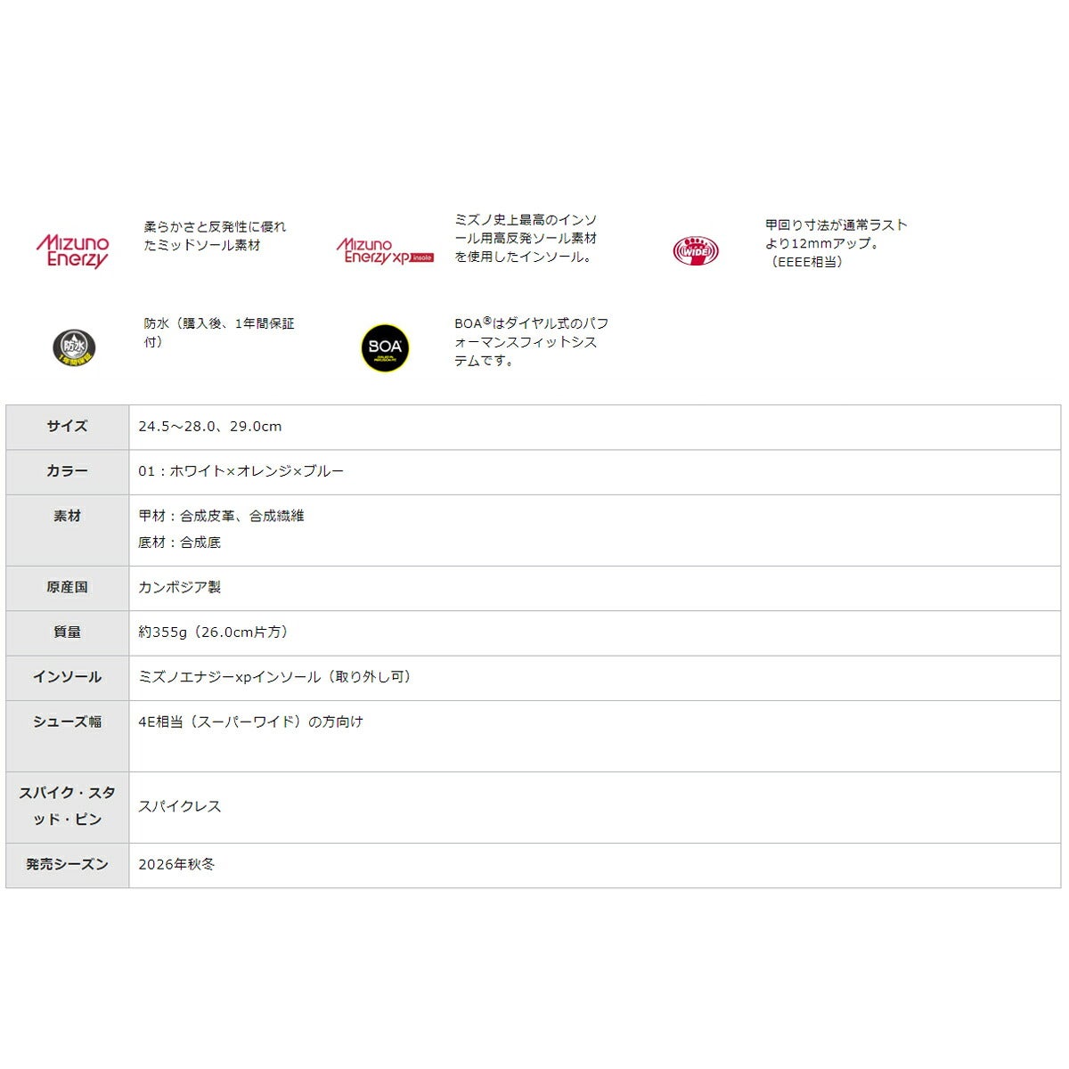 ミズノメンズネオインパクト＋エナジーワイドボアスパイクレスゴルフシューズ靴幅4E相当防水51GQ2691【26FW】